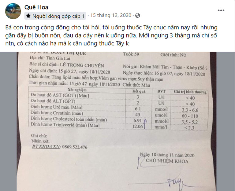 Chia sẻ của bác Đoàn Thị Quê sau hơn 11 năm sử dụng thuốc mỡ máu