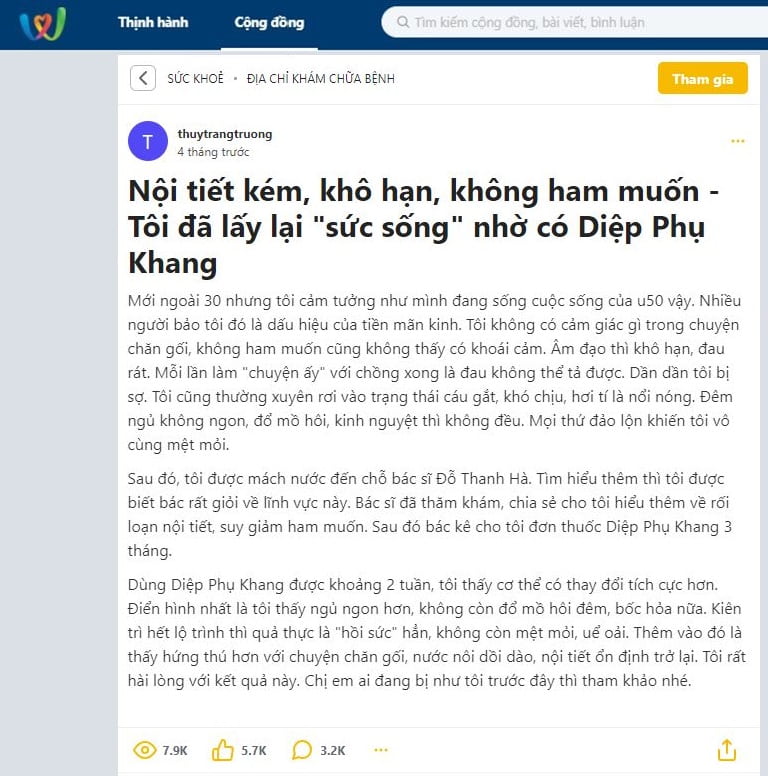 Chia sẻ từ chị em đã dùng Diệp Phụ Khang trên webtretho